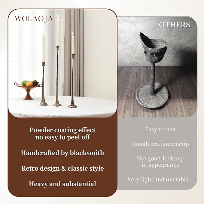 Set of 3 Candle Stick Holders, Iron Antique Gold Candlestick Holders, Fits 3/4 inch Thick Candles, Tapered Candle Holders Tall Set for Dining Table, Wedding, Home Decoration