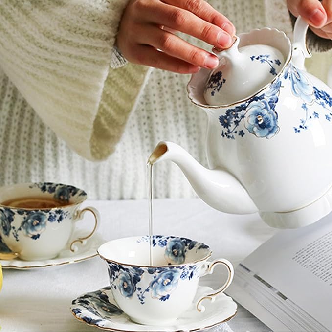 21-Piece Bone China Tea Set for Adults, Vintage Floral Tea Cup Set - Image 4