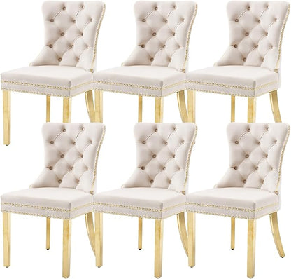 KCC Velvet Dining Chairs Set of 6, Upholstered High-end Tufted Dining Chair with Nailhead Back Ring Pull Trim Stainless Steel Legs, Contemporary Nikki Collection Modern Style for Kitchen, Beige