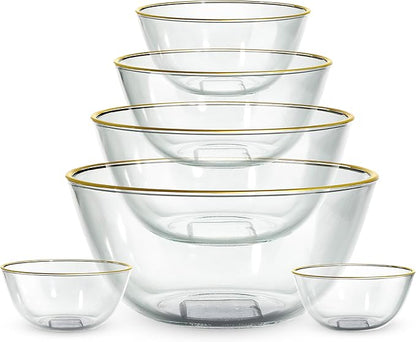 COOK WITH COLOR 12 Pc Glass Mixing Bowl Set with Lids – Borosilicate Glass Nesting Bowls for Cooking, Baking and Meal Prep, Gold Rim
