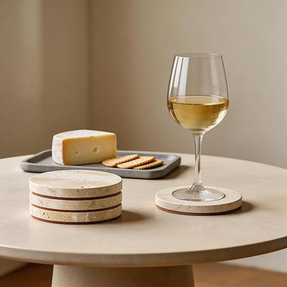 Natural Travertine Marble Coasters Set of 4-4" Round Stone Drink Coasters - Image 2