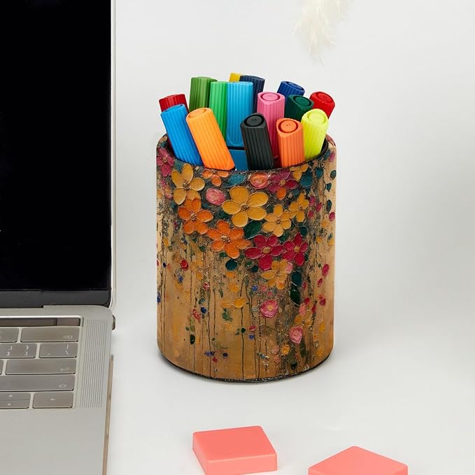 Leather Pen Holder for Desk, Hanging Floral Pencil Cup Pen Organizer Makeup - Image 5