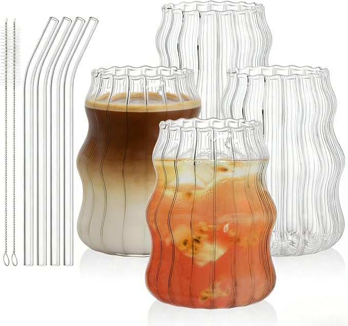 Tebery 4 Pack Cute Drinking Glasses, 16 Oz Ribbed Iced Coffee Cup Tumbler by Tebery