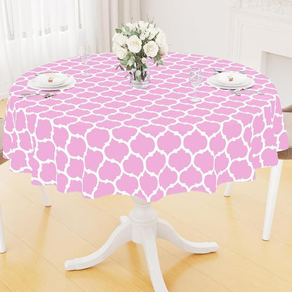 Smiry Round Plastic Table Cloth, Waterproof Vinyl Tablecloth with Flannel Backing for Round Tables, Wipeable Spillproof Tablecloths for Dining, Camping, Indoor and Outdoor (60" Round, Pink)