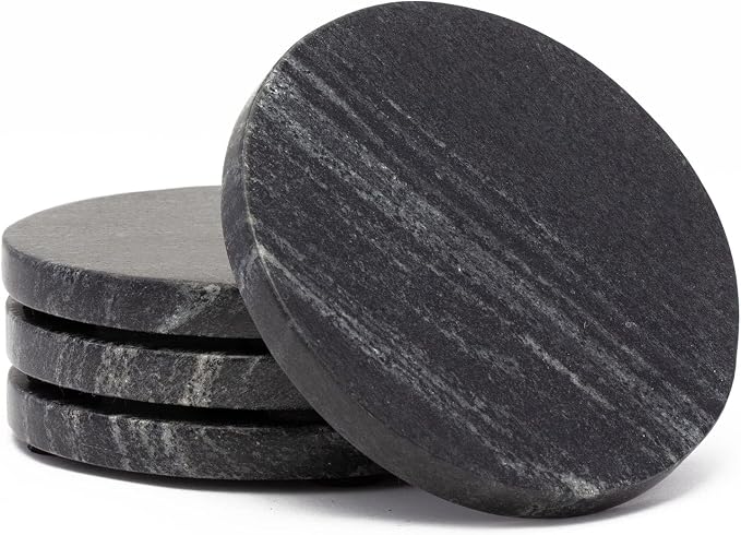 Thirstystone Natural Black Marble Round Coasters, 4 Pack | 4" Diameter by Thirstystone