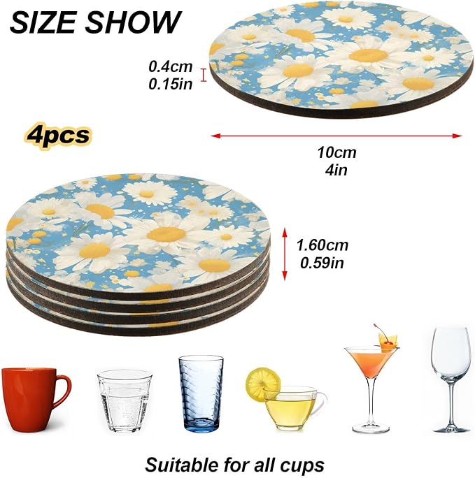Polka Dots and Tender Chamomile Flowers Set of 4 Drink Coasters Heat Resistant - Image 4