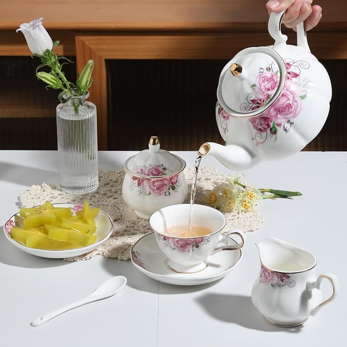 Sweejar Porcelain Tea Set Vintage Floral, British Relief Gold Rim Teapot Cup - Image 4