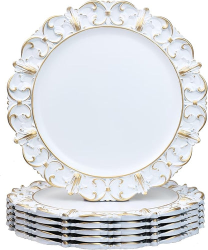 White Charger Plates Set of 6, Decorative Table Plastic Chargers for Dinner Plates, Party, Wedding, Thanksgiving, Christmas, 11W