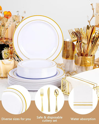 GATHER 350PCS Gold Plastic Plates - White and Gold Disposable Plastic Dinnerware Set Include 50 Dinner Plates, 50 Dessert Plate, 150 Silverware, 50 Napkins, 50 Cups for Party & Wedding