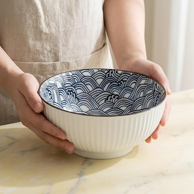 QINLANG Large Soup Bowls, Pho & Ramen Set of 3, 60 oz Blue & White Porcelain - Image 7