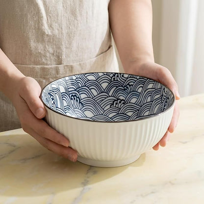 QINLANG Large Soup Bowls, Pho & Ramen Set of 3, 60 oz Blue & White Porcelain - Image 7