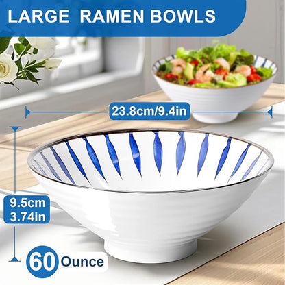 9.4Inch Ceramic Ramen Bowl Set of 4 (17 Piece) - Porcelain Japanese Salad Noodles Cereal Fruit Pasta Soup Large Bowls with Recipes Chopsticks Forks Spoons for Men Women Gift Microwave Dishwasher Safe