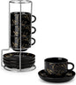 MALACASA 2.5 OZ Porcelain Espresso Cups with Saucers and Metal Stand Set of 4, Stackable Cappuccino Cups, Marble Black Expresso Shots Cup Set for Coffee Drinks, Latte, Tea