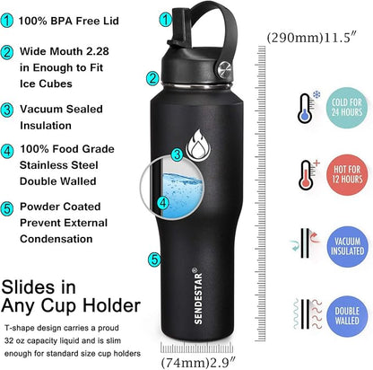 SENDESTAR Water Bottle 32oz, 2 Lids, Wide Mouth Stainless Steel Vacuum - Image 5