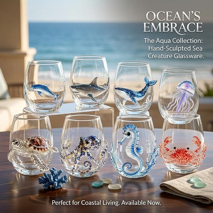 Artisanal Blue Ringed Octopus Glassware, 3D Ocean Glass Wine Glass，Shark | - Image 3