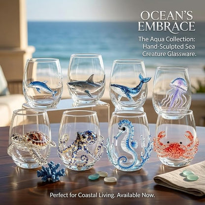 Artisanal Blue Ringed Octopus Glassware, 3D Ocean Glass Wine Glass，Shark | - Image 3