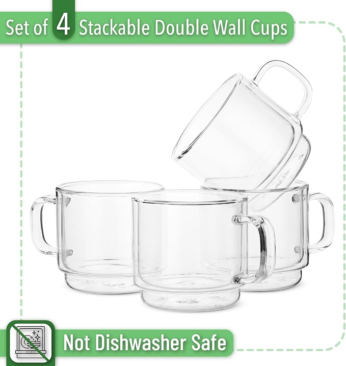 BTaT- Double Walled Stackable Glass Coffee Mugs, 12 oz, Glass Coffee Cups - Image 2