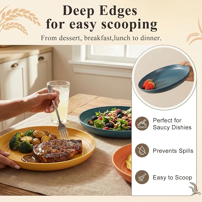 Wheat Straw Plates Set of 8, Reusable Plastic Dinner Plates 9 Inch, Unbreakable - Image 5
