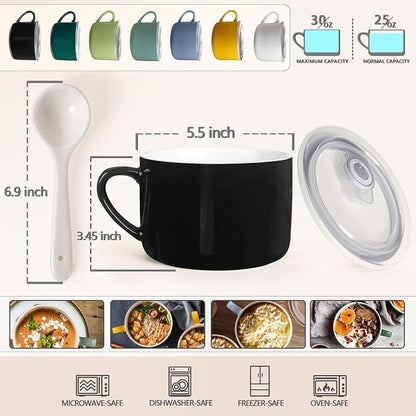 Soup Bowls with Handles & Spoons, 30oz Ceramic Ramen Bowl with Lid, Large Soup - Image 2