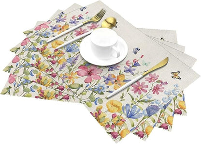 Spring Floral Placemats 12x18 Inches Set of 4 Colorful Flower Butterfly Decorative Rectangle Table Mats Summer Colorful Linen Place mats for Party Home Kitchen Dining Table Decor