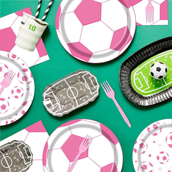 Rakuto Pink Soccer Party Decorations 96PCS Plates Napkins Set | Pink Soccer - Image 6
