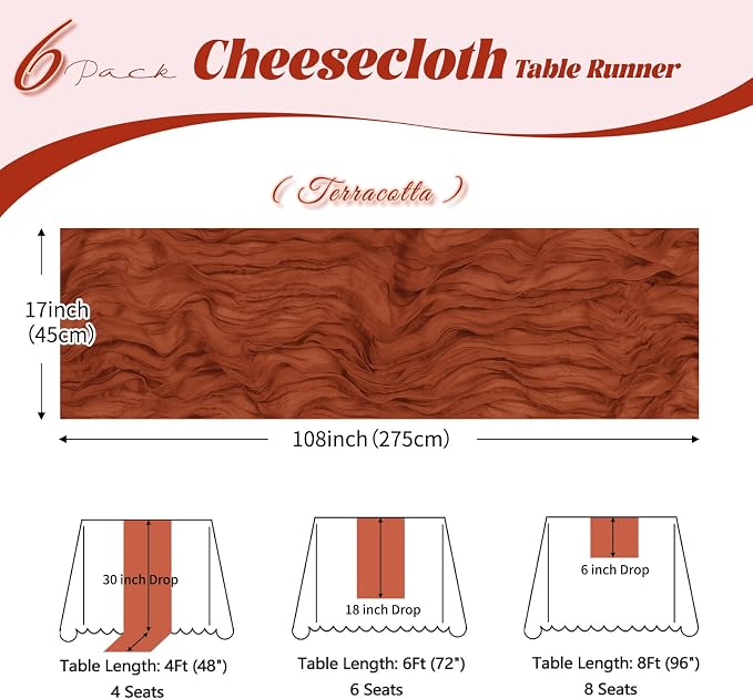 6 Pack Terracotta Cheesecloth Table Runner, 17 x 108 inch, Semi Sheer Boho - Image 3