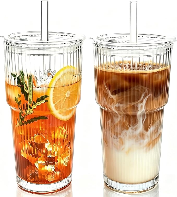 2PCS 20oz Glass Cups with Lids and Straws, Iced Coffee Cups with Lids, Stylish by WelcomeToColnic
