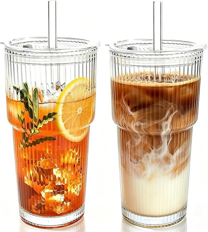 2PCS 20oz Glass Cups with Lids and Straws, Iced Coffee Cups with Lids, Stylish by WelcomeToColnic
