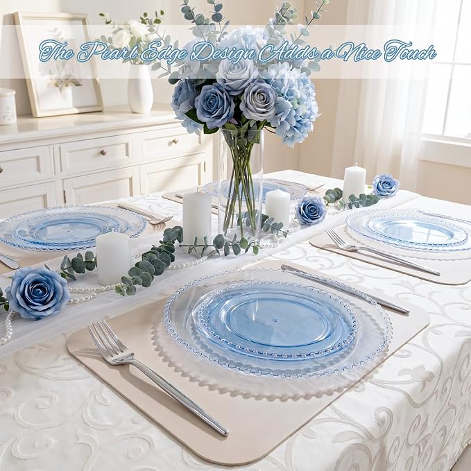 U-QE 60PCS Clear Blue Plastic Plates, Beaded Plates Disposable Heavy Duty | - Image 9