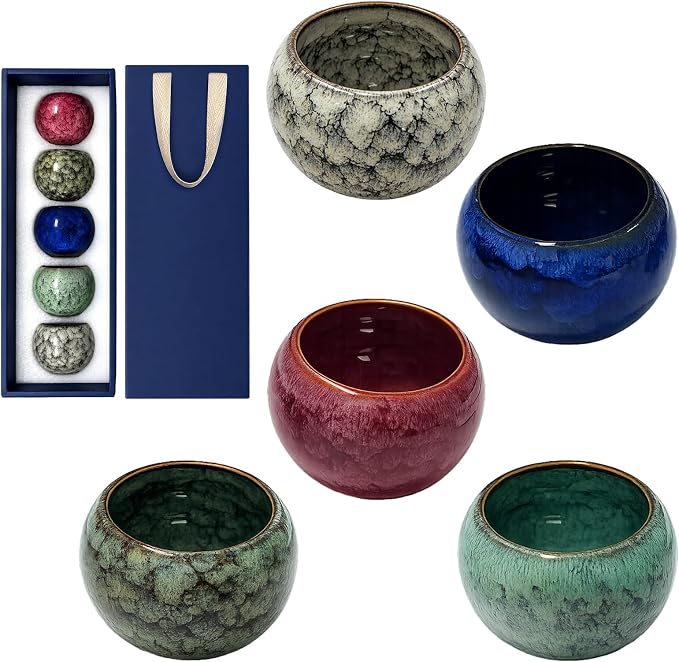 5 Pcs Ceramic Coffee & Teacup Set, Kiln Change Glaze, 5.4 fl oz Handleless by Unknown
