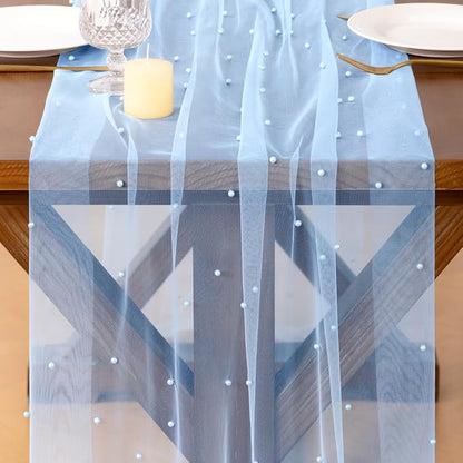 Pearl Table Runner Summer Tulle Gauze Sheer Wedding Party Home Decor | Blue - Image 2