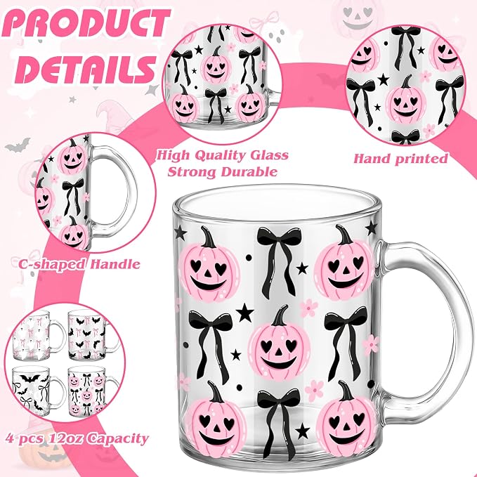 Tioncy 4 Pcs Halloween Coffee Mugs 12 oz Pink Pumpkin Glass Cups - Image 3