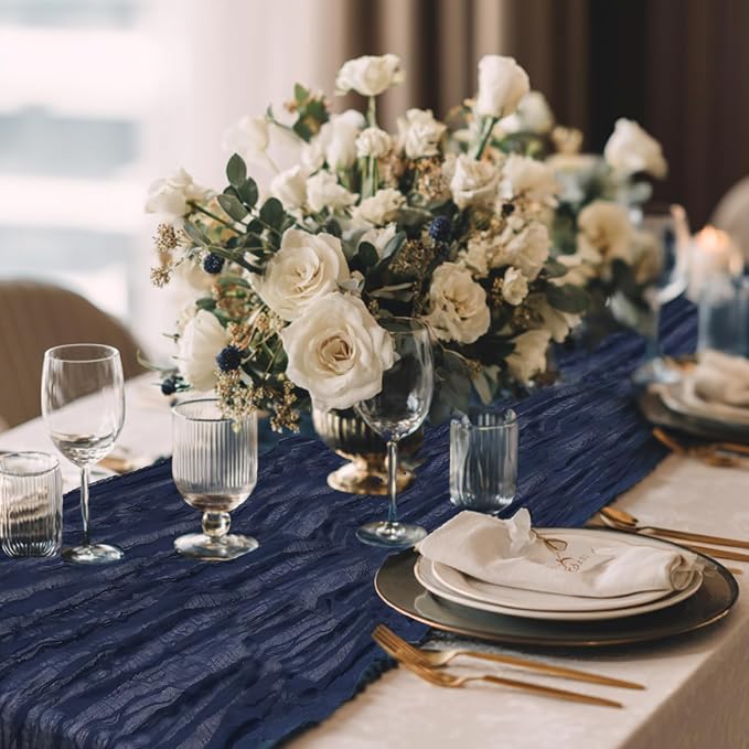8 Pack Navy Blue Cheesecloth Table Runner 120 Inch Boho Wedding Decor | - Image 6