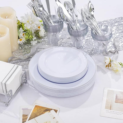SUT 350 Piece Silver and White Plastic Dinnerware Set - Image 5