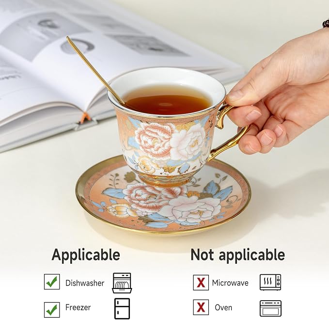 Tea Cups and Saucers Sets of 6, 8 Oz Floral Tea Cups - Image 4