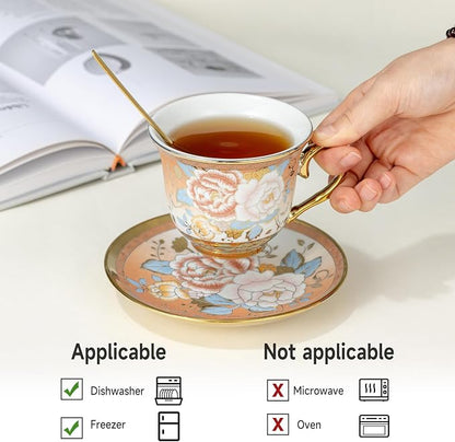 Tea Cups and Saucers Sets of 6, 8 Oz Floral Tea Cups - Image 4