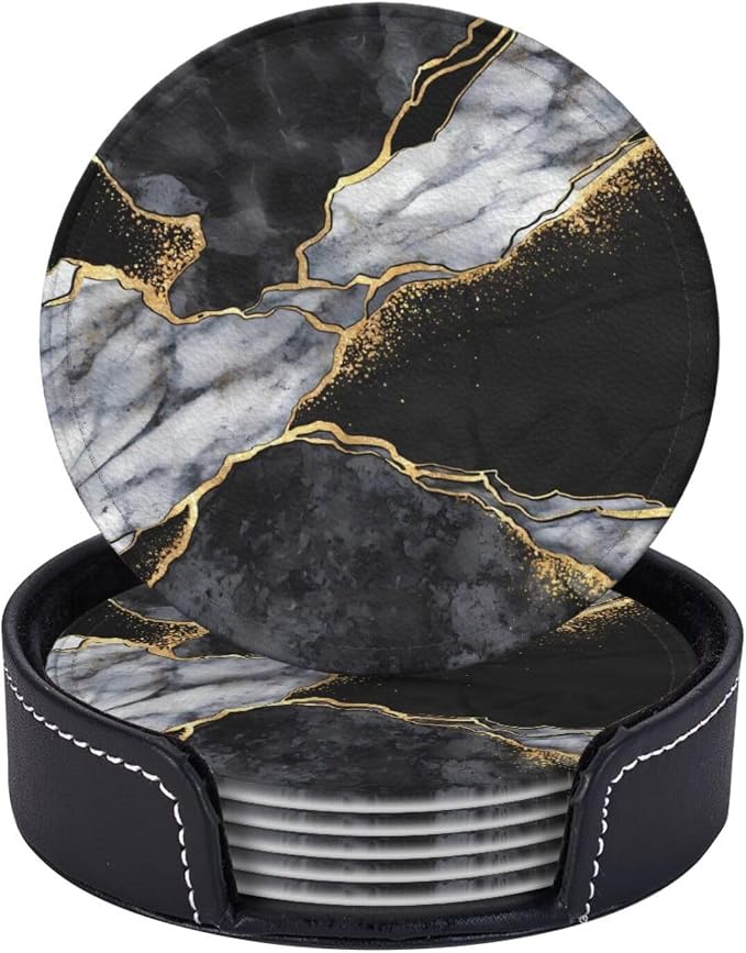 6 Pcs Black White Gray and Gold Marble Leather Coasters by Jfniub