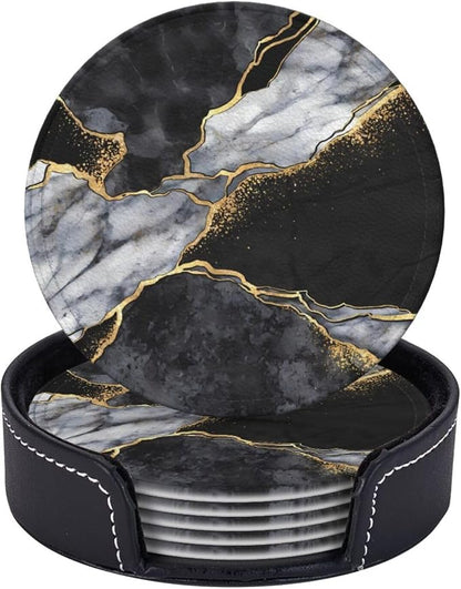 6 Pcs Black White Gray and Gold Marble Leather Coasters by Jfniub