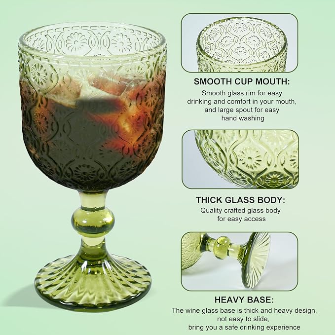 CHLJAR Green Vintage Wine Glasses set of 6 Goblets Glassware, 14 oz Green Wine - Image 3