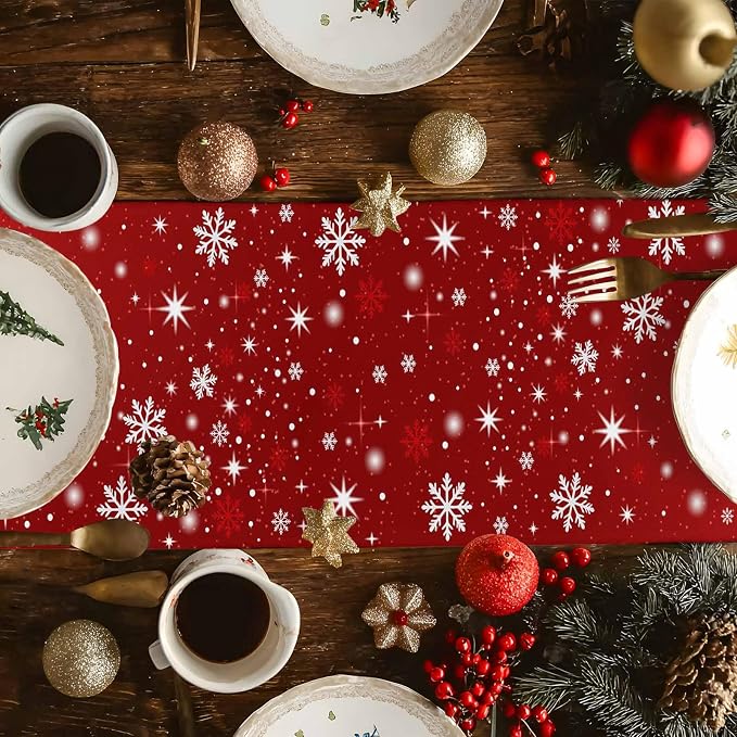 Red Christmas Table Runner 36 Inches Long, Xmas Tree Balls Snowflake Table - Image 4