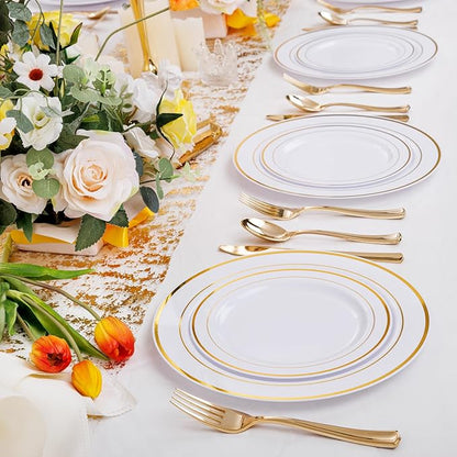 I00000 60 Pieces Gold Plastic Plates, Heavy Duty White and Gold Plastic Plates for 30 Guests Include: 30 Gold Rim Dinner Plates and 30 Gold Dessert Plates Perfect for Wedding & Party