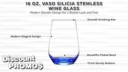 DISCOUNT PROMOS 10 Vaso Silicia Stemless Wine Glasses Set, 16 oz. - Clear, Orb-Like, Thick base - Blue