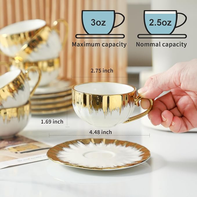 LETAOTAO Espresso Cups and Saucers, 2.5 oz Porcelain Espresso Cups Set of 6 | - Image 2