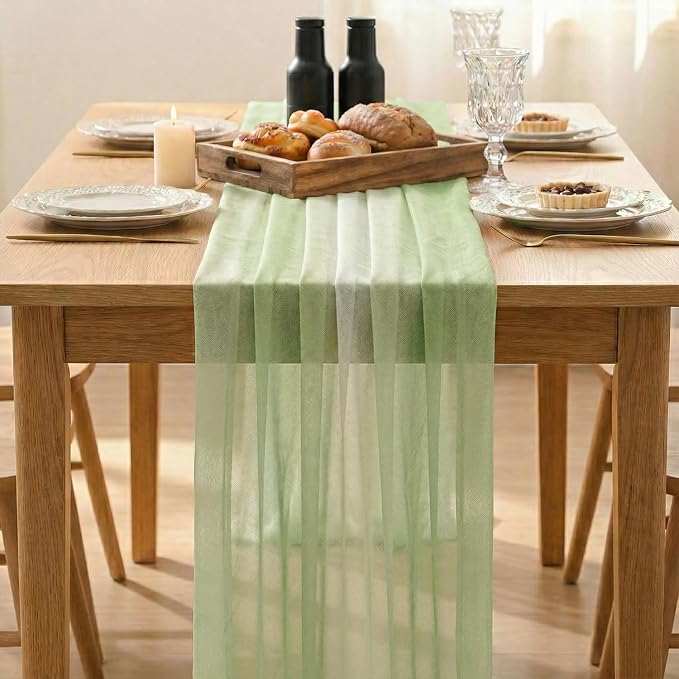 Artoid Mode Boho Green Stripes Spring Chiffon Table Runner 120 Inches 10FT - Image 2