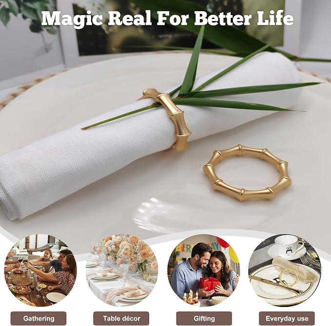 Gold Bamboo Napkin Rings Set of 12, Solid Alloy Bamboo Knuckle Napkin Ring - Image 4