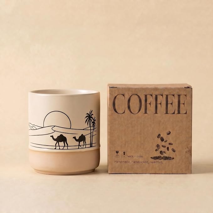 Ceramic Coffee Mug Set with DIY Canvas, 8oz Desert Sunset Camel Pottery Cup - Image 8