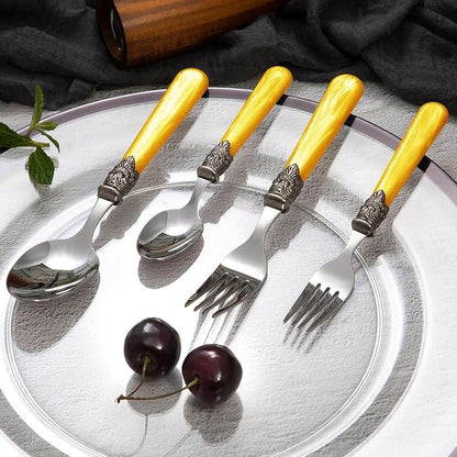 20 pieces 18/10 Stainless Steel Silverware Sets With Yellow Handle,Vintage Cutlery Sets,Sliverware set Service for 4,Dishware Safe (20, Yellow)