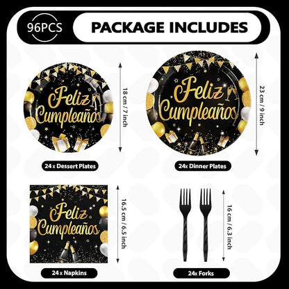 96 Pcs Feliz Cumpleaños Black and Gold Decorations, Serves 24 | Feliz - Image 5