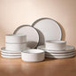 Famiware Nebula Plates and Bowls Sets for 4, 12 Pieces Stoneware Dinnerware Set, Microwave and Dishwasher Safe Dishes Set, White with Black Rim