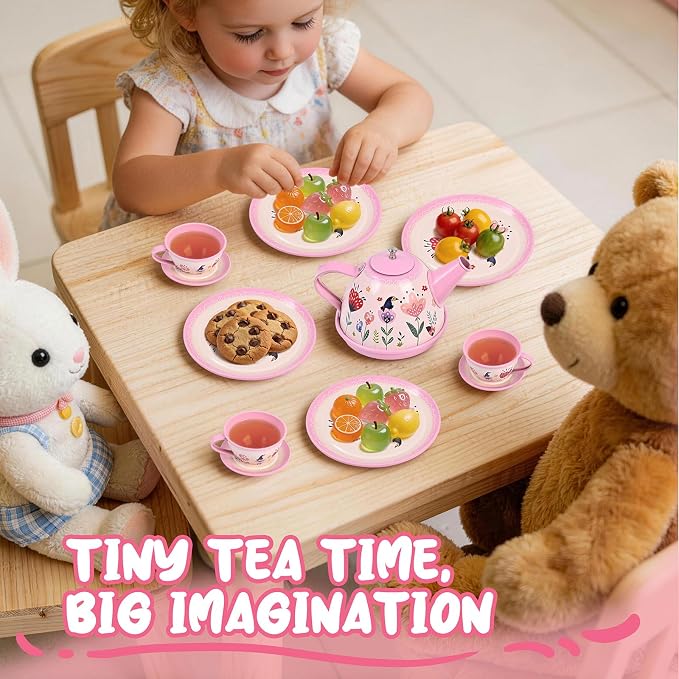 Tea Party Set for Little Girls, Pretend Tin Teapot Set - Image 9